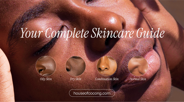 House of Coco Skincare: Banner for 'Your Complete Skincare Guide' featuring a close-up of healthy skin and icons representing oily, dry, combination, and normal skin types.